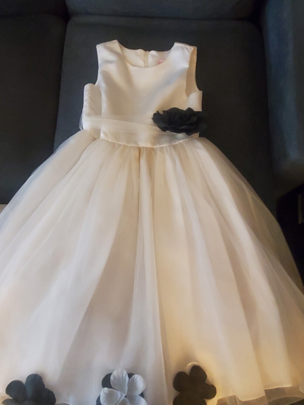 Little Girls' White Tulle Floral Formal Dress with Black And White Flower Insets